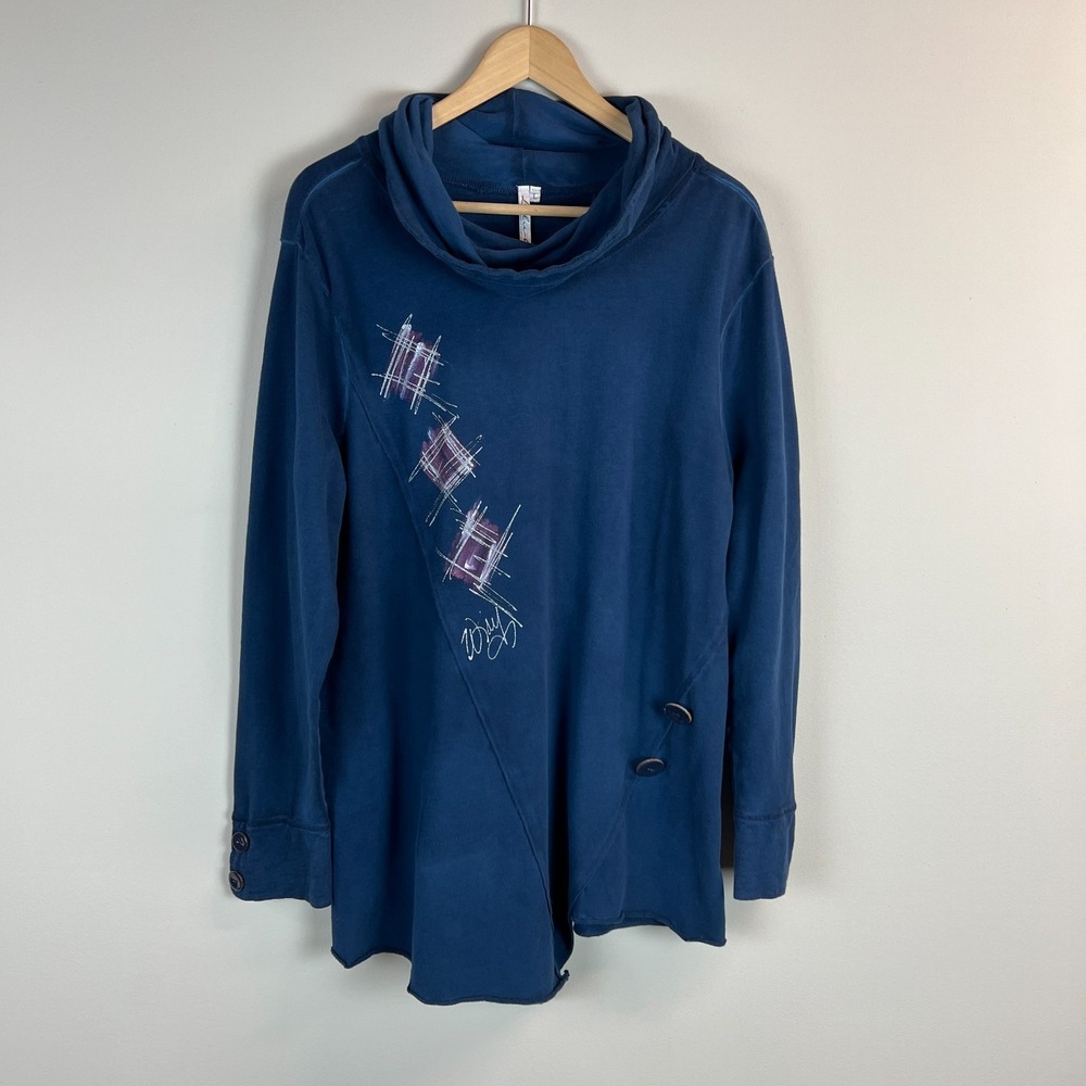 Lulu B Tunic Top Womens Large Navy Cowl Neck Art Patchwork Buttons Artsy Long Sl